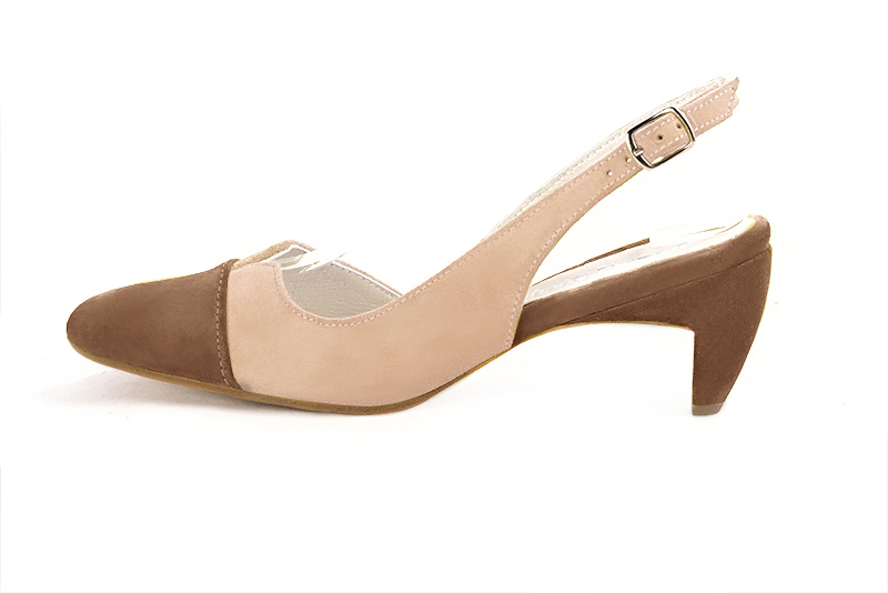 Chocolate brown and biscuit beige women's slingback shoes. Round toe. Medium comma heels. Profile view - Florence KOOIJMAN